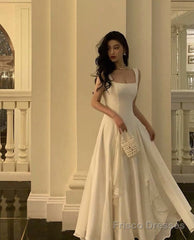 Square Neck White Asymmetric A-Line Long Evening Dress