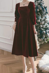 Square Necking Burgundy Velvet Prom Dresses A Line Long Sleeves Dress