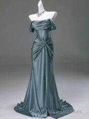 Steel Blue Silk Evening Dress - Corset Back Formal Prom Dress with Off-the-Shoulder Design Plus Size