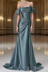 Steel Blue Silk Evening Dress - Corset Back Formal Prom Dress with Off-the-Shoulder Design Plus Size