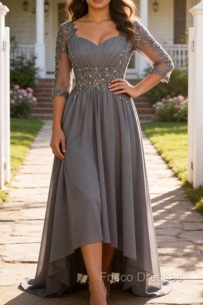 Steel Grey Appliqued A Line Pleated Beaded Mother Of The Bride Dress with Half Sleeves