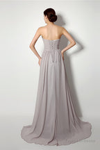 Strapless A Line Chiffon Long Silver Bridesmaid Dresses
