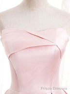 Strapless A-line Pink Satin Prom Dresses, Pink Satin Long Party Dress