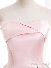 Strapless A-line Pink Satin Prom Dresses, Pink Satin Long Party Dress
