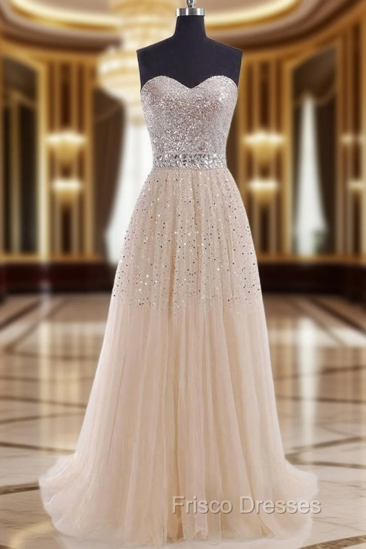Strapless A-Line/Princess Sweep Train Tulle Formal Prom Dress With Beaded Main image