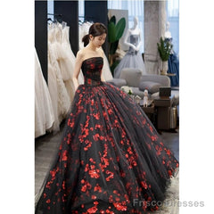 Strapless A Line Tulle Prom Dress Applique Black Ball Gown