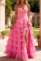 Strapless A-Line Waist Corset Ruffle Long Prom Dress With Split