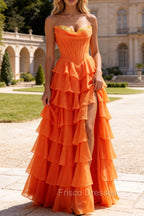 Strapless A-Line Waist Corset Ruffle Long Prom Dress With Split