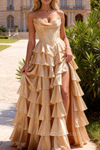 Strapless A-Line Waist Corset Ruffle Long Prom Dress With Split