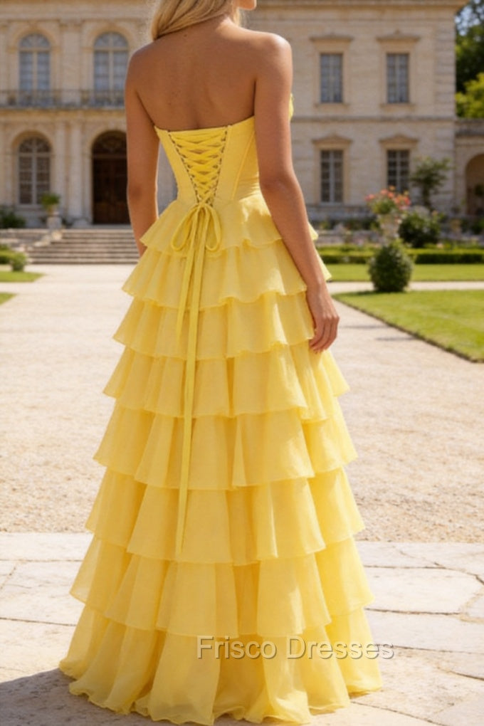 Strapless A-Line Waist Corset Ruffle Long Prom Dress With Split