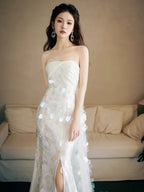 Strapless A Line White Sequin Long Prom Dress Formal Party Dress