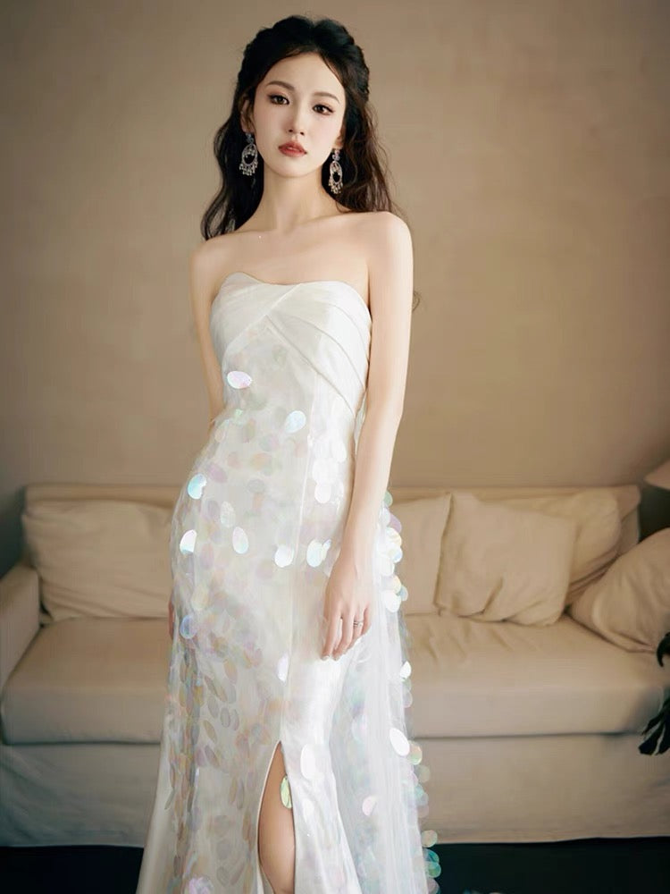 Strapless A Line White Sequin Long Prom Dress Formal Party Dress