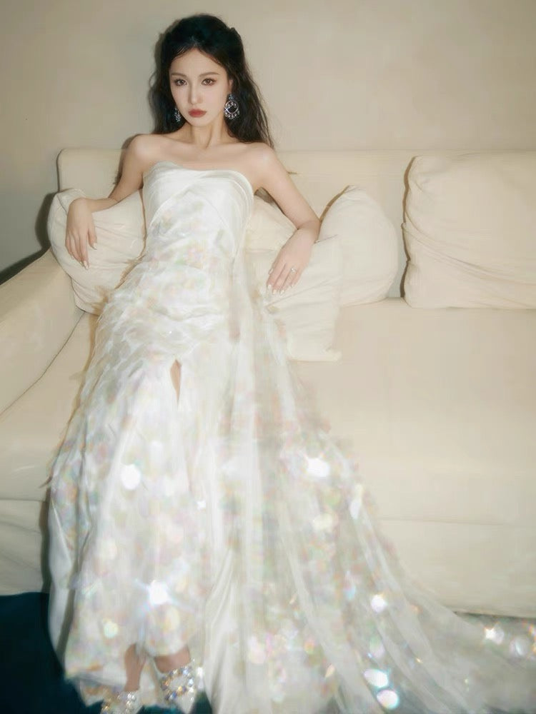 Strapless A Line White Sequin Long Prom Dress Formal Party Dress