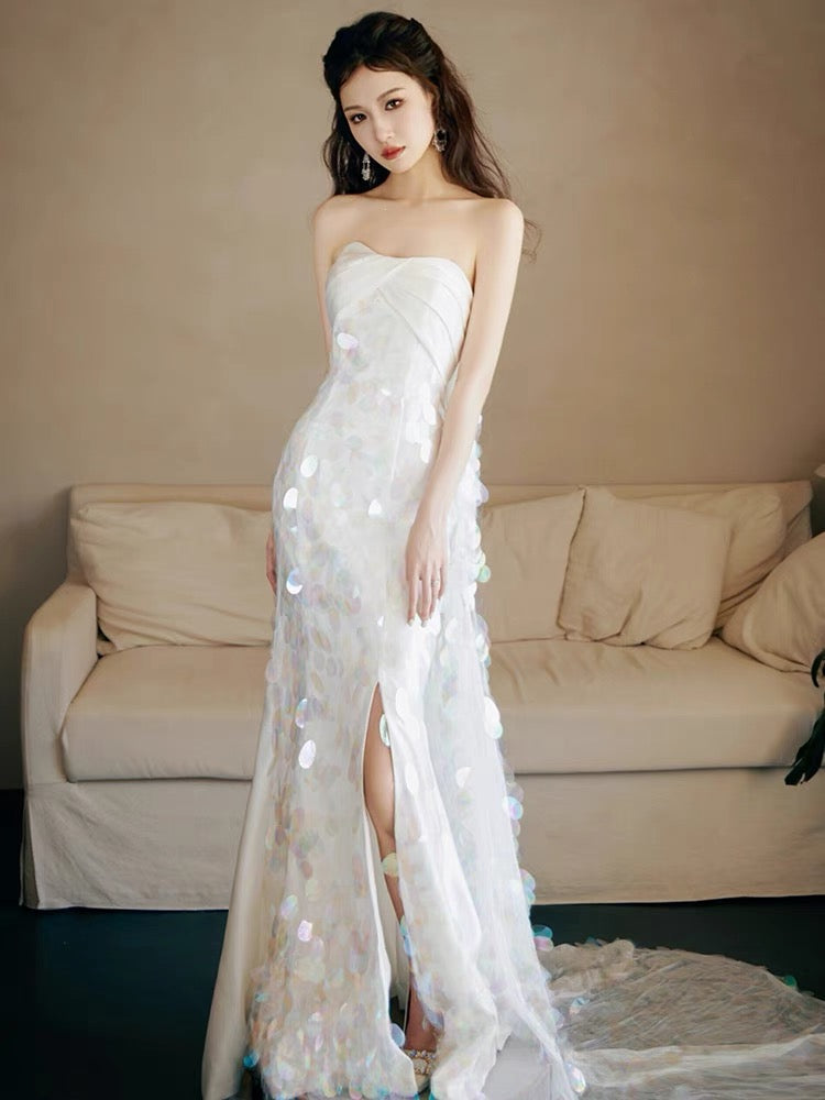 Strapless A Line White Sequin Long Prom Dress Formal Party Dress Main image