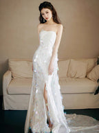 Strapless A Line White Sequin Long Prom Dress Formal Party Dress