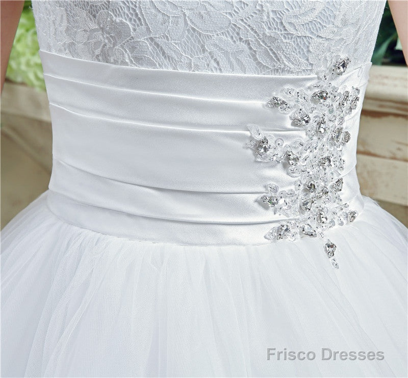 Strapless Appliques Lace Train Wedding Dresses With Crystals