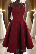 Strapless Backless Burgundy Lace Short Formal Prom Dresses, Short Burgundy Lace Homecoming Dresses