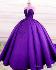 Strapless Ball Gown Satin Dresses Lace Appliques