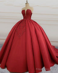 Strapless Ball Gown Satin Dresses Lace Appliques