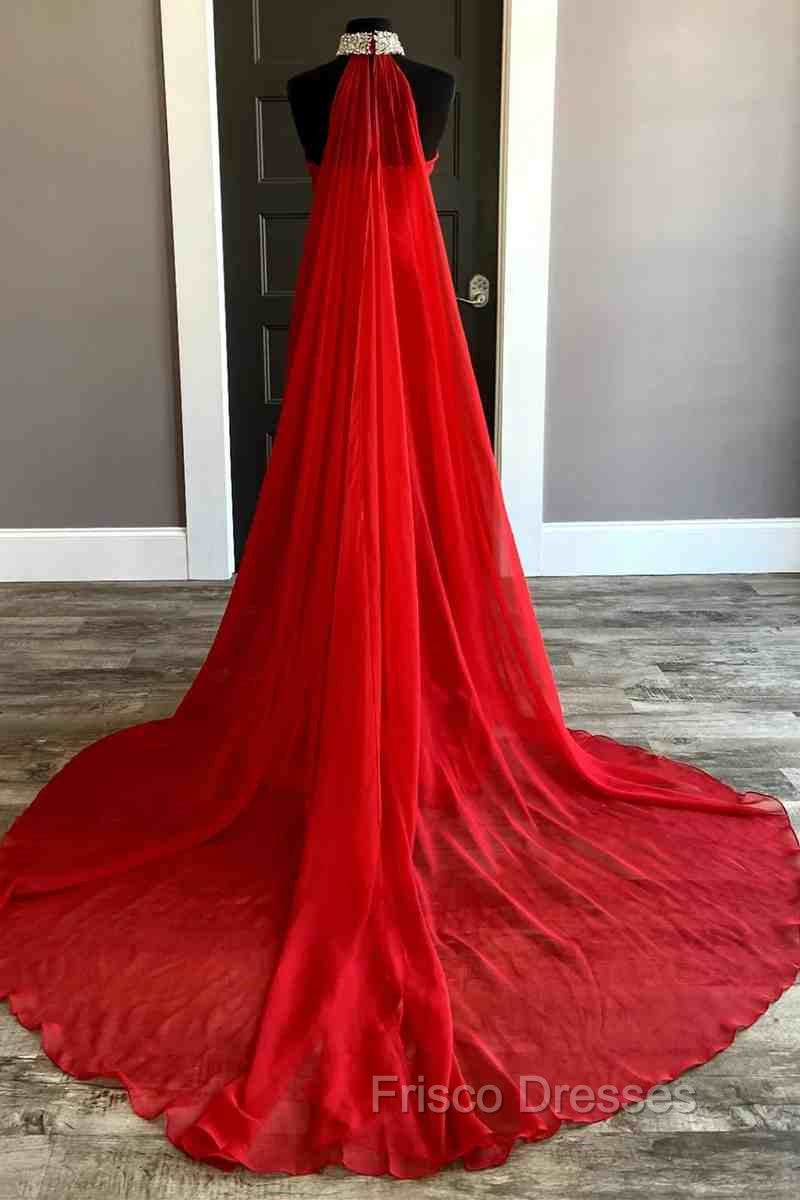 Strapless Beaded Side Slit Red Long Formal Prom Dress With Cape Secondary image