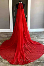 Strapless Beaded Side Slit Red Long Formal Prom Dress With Cape