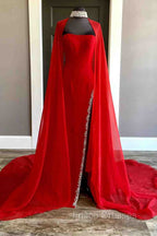 Strapless Beaded Side Slit Red Long Formal Prom Dress With Cape