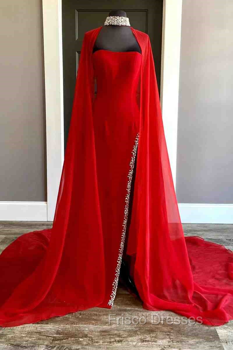 Strapless Beaded Side Slit Red Long Formal Prom Dress With Cape
