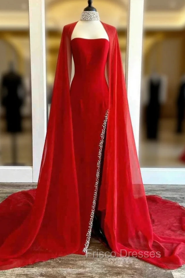 Strapless Beaded Side Slit Red Long Formal Prom Dress With Cape Main image