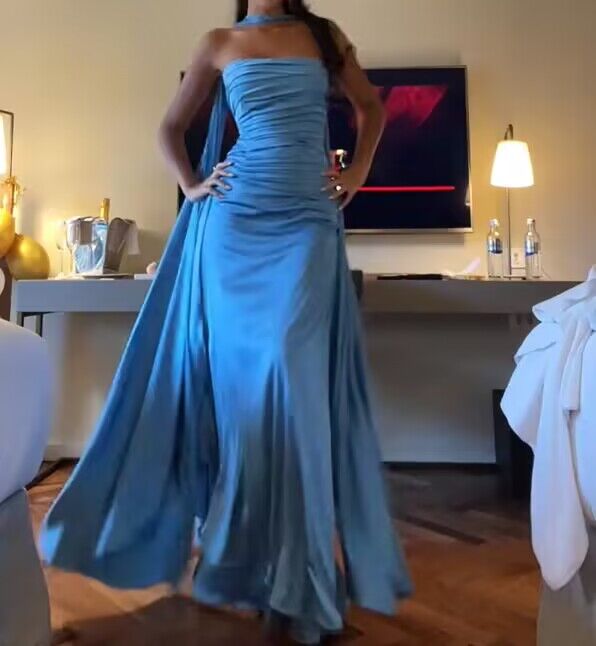 Strapless Blue A Line Satin Long Prom Dress Formal Party Dress Secondary image