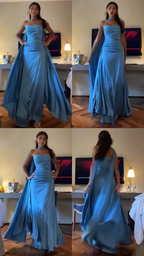 Strapless Blue A Line Satin Long Prom Dress Formal Party Dress