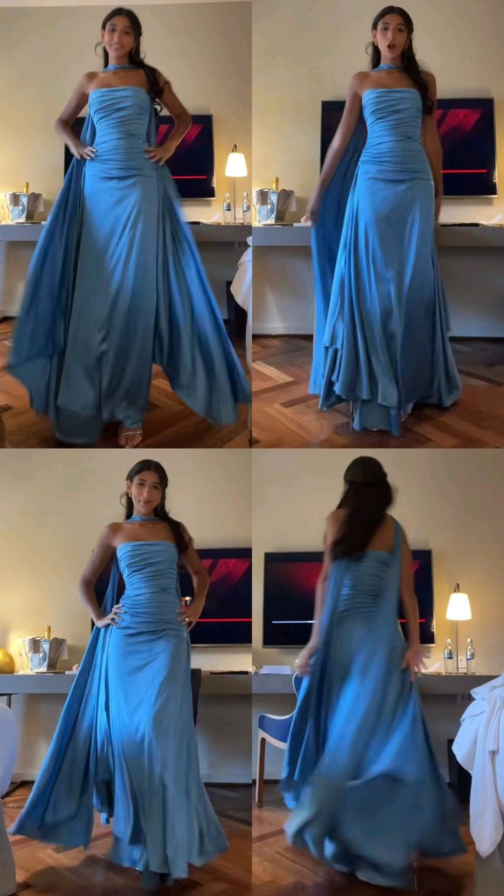 Strapless Blue A Line Satin Long Prom Dress Formal Party Dress