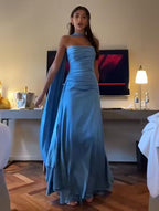 Strapless Blue A Line Satin Long Prom Dress Formal Party Dress