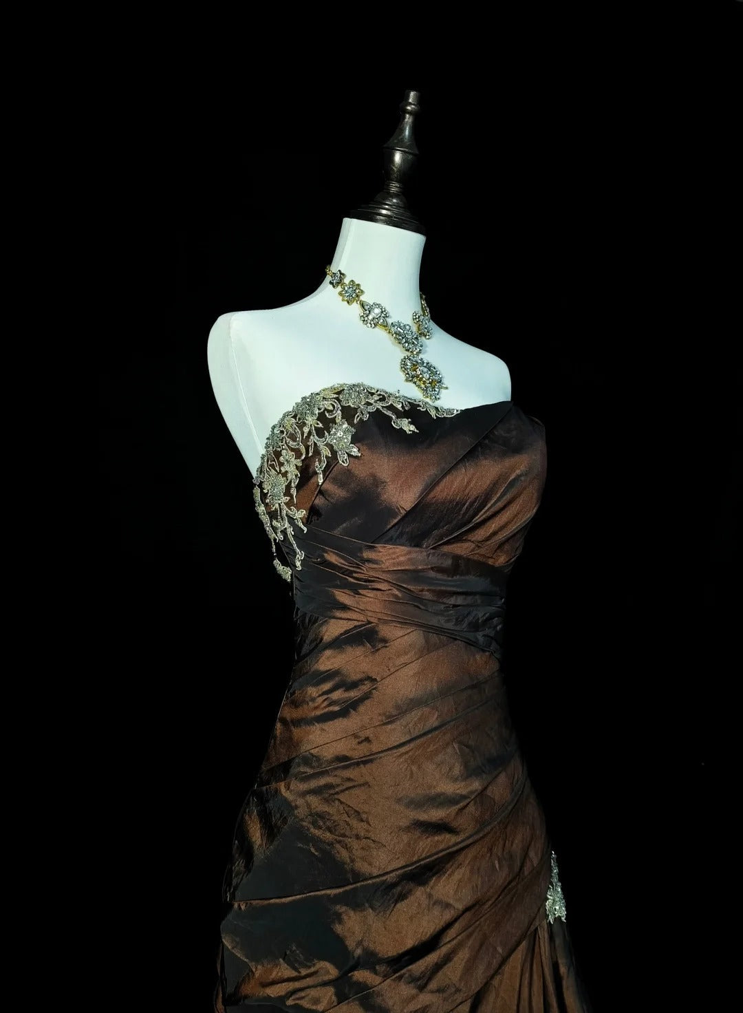 Strapless Brown Vintage Evening Dresses, Sleeveless Long Party Gowns Secondary image