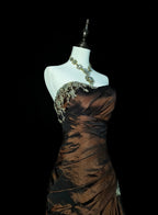 Strapless Brown Vintage Evening Dresses, Sleeveless Long Party Gowns