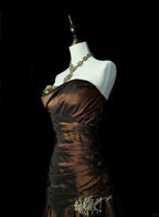 Strapless Brown Vintage Evening Dresses, Sleeveless Long Party Gowns