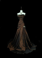 Strapless Brown Vintage Evening Dresses, Sleeveless Long Party Gowns