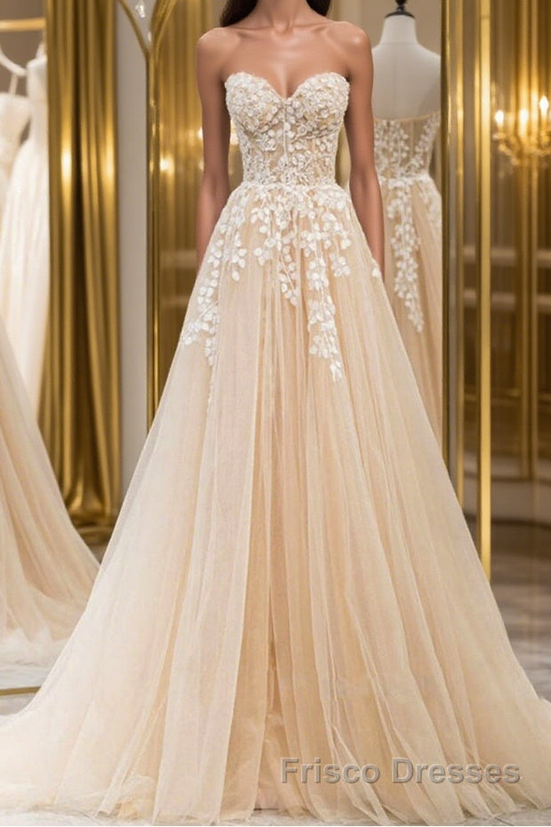 Strapless Champagne Lace Tulle Long Formal Prom Dresses, Champagne Lace Formal Evening Dresses Main image