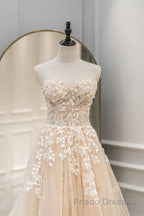 Strapless Champagne Lace Tulle Long Formal Prom Dresses, Champagne Lace Formal Evening Dresses