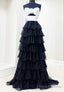 Strapless Chiffon Ruffle Long Prom Dress with Keyhole in Bodice