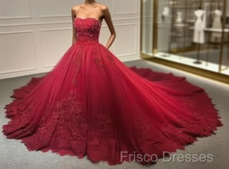 Strapless Dark Red Ball Gown Lace Appliques Pearls Crystals Sequins Beaded Wedding Dress Formal Prom Dress