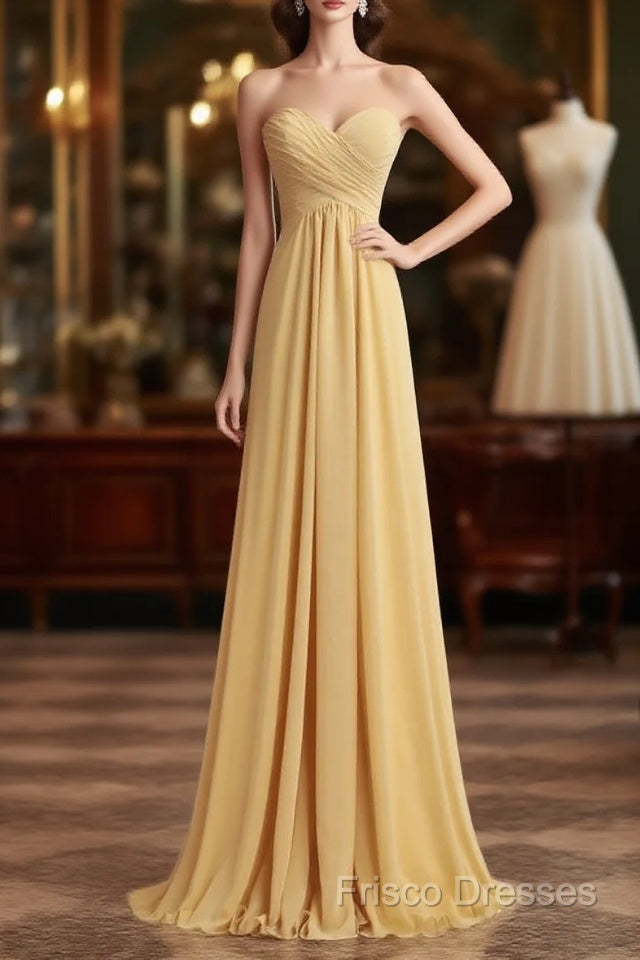 Strapless Gold High Waist Chiffon Long Bridesmaid Dress Main image