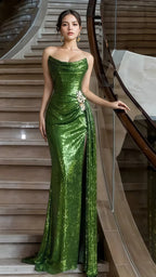 Strapless Green Sequin Prom Dress With Split,