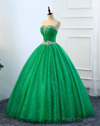 Strapless Green Sequins Tulle Long A Line Beaded Prom Dress, Formal Dress