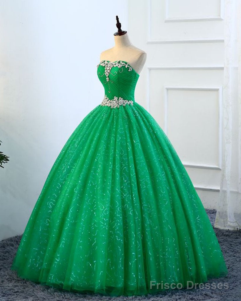 Strapless Green Sequins Tulle Long A Line Beaded Prom Dress, Formal Dress