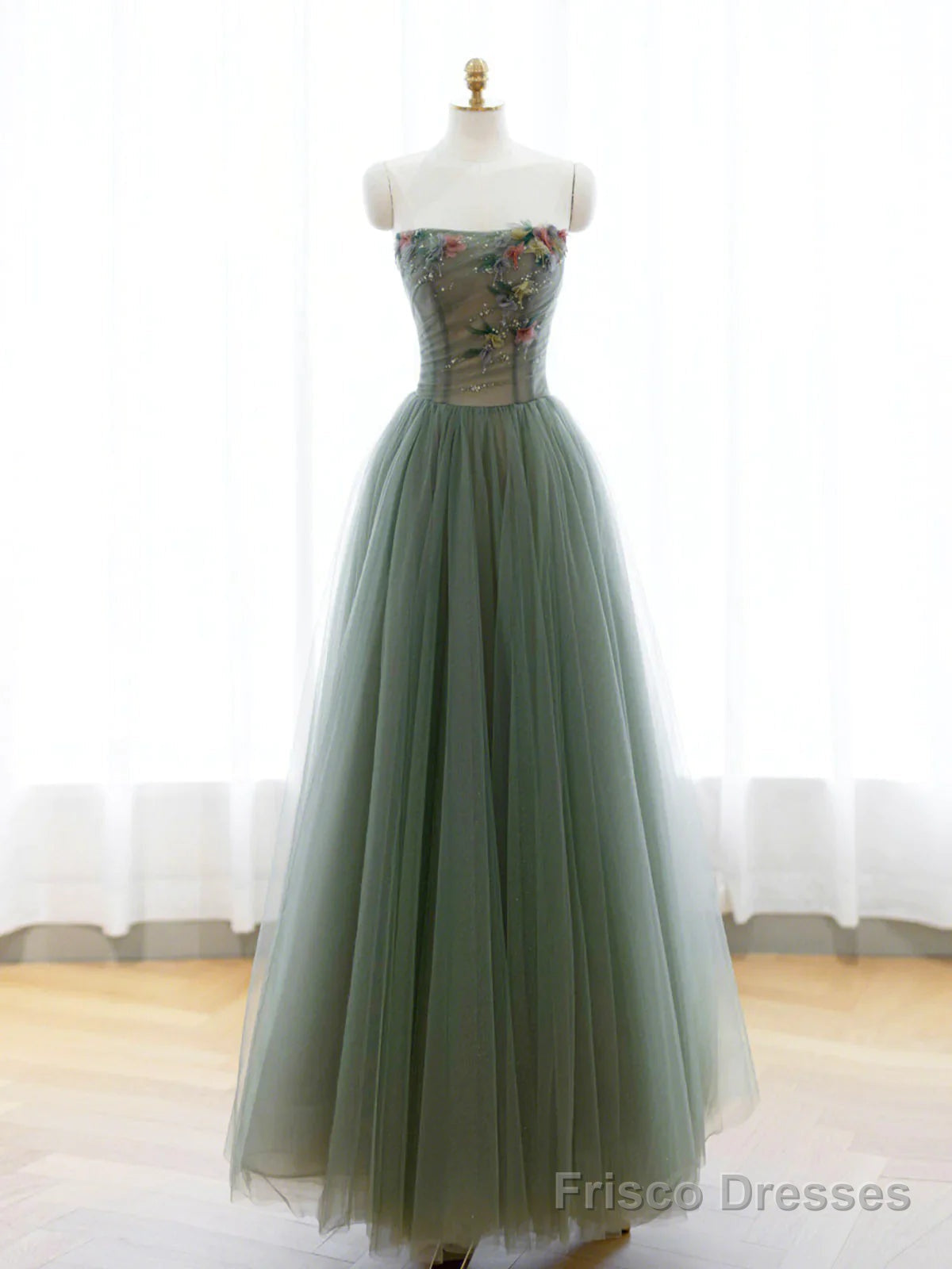 Strapless Green Tulle Floral Long Prom Dresses, Green Tulle Floral Formal Evening Dresses Secondary image
