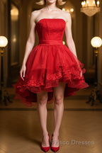 Strapless High Low Red Lace Formal Prom Dresses, High Low Red Homecoming Dresses, Short Red Lace Formal Graduation Evening Dresses