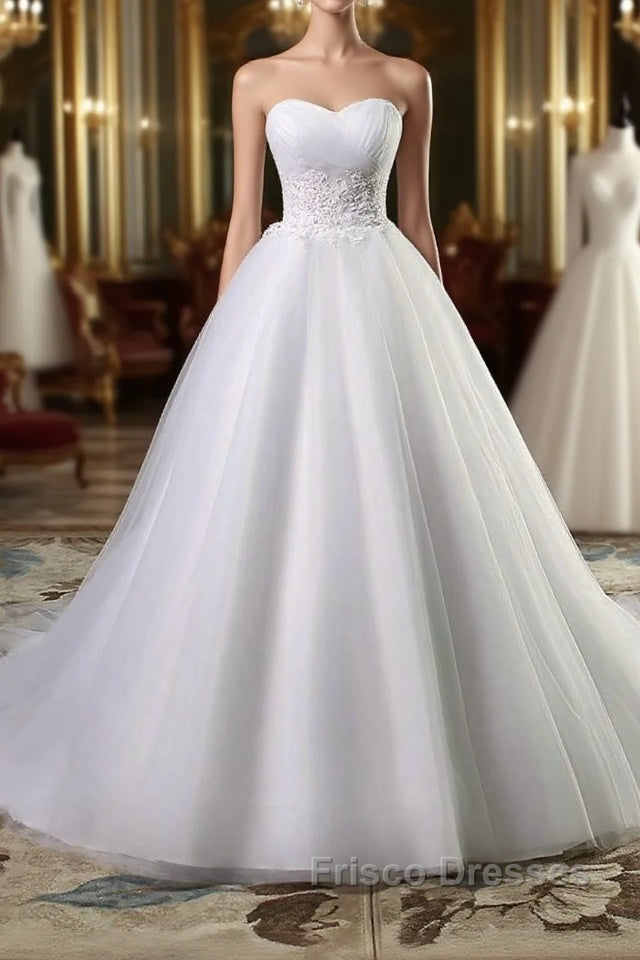 Strapless Lace Appliques Ball Gown Wedding Dress Sleeveless Bridal Gowns with Sweep Train Main image