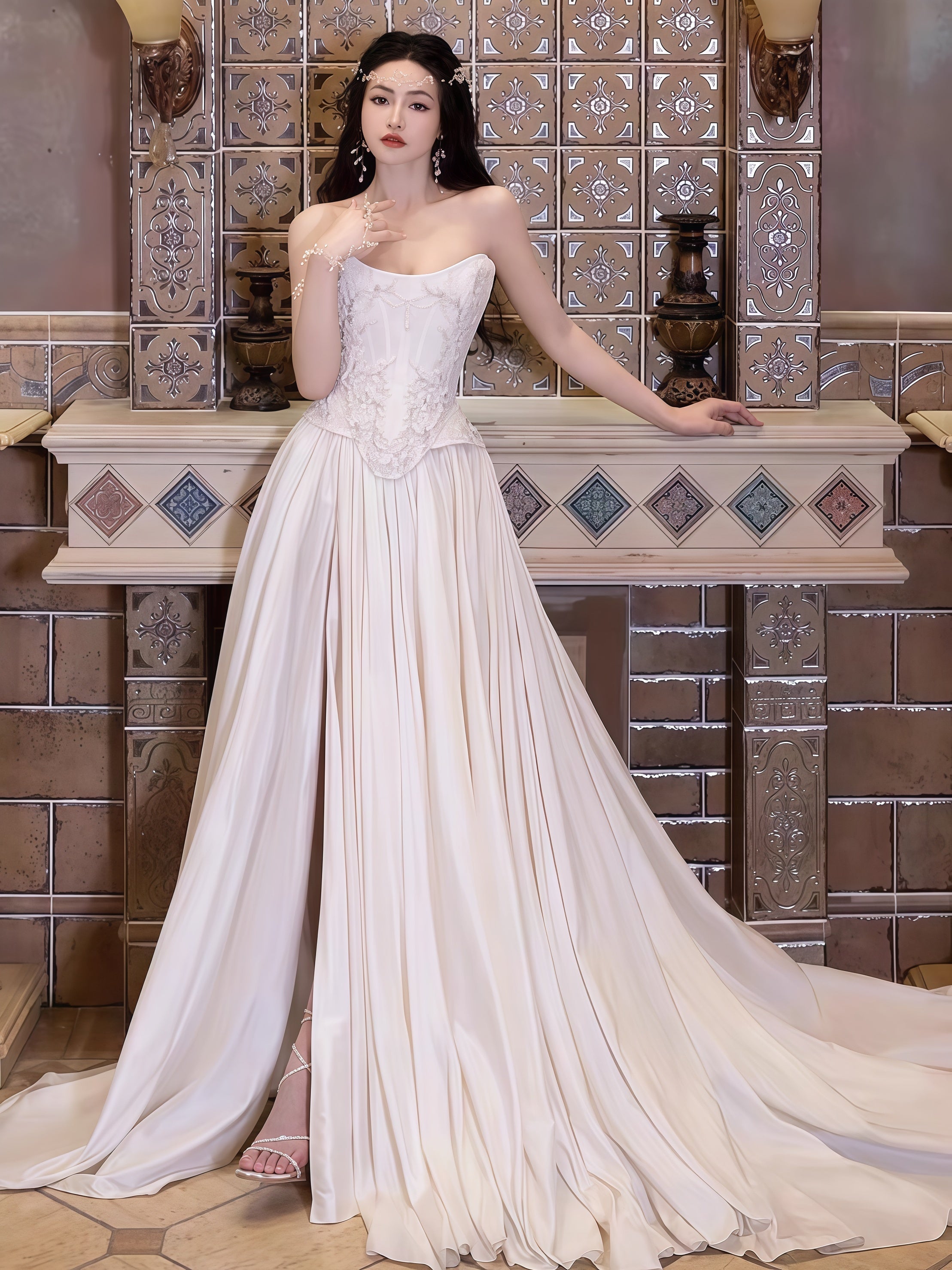 Strapless Lace Satin White Vintage Wedding Dress,