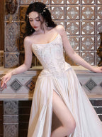 Strapless Lace Satin White Vintage Wedding Dress,