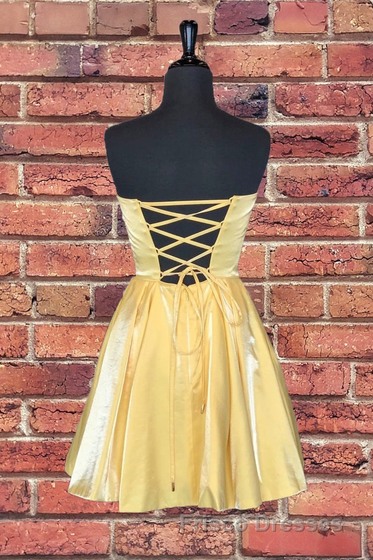 Strapless Lace-Up Yellow Satin Homecoming Dress,Short Cocktail Dress Secondary image